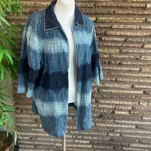 Bleu Bayou Denim Ombre Smocked Open Drape Rhinestone Accented Jacket Size 2X
